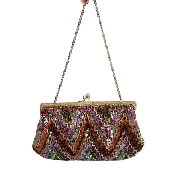 Vintage 1980s Beaded Clutch Kiss Lock Chevron Multicolor Evening Bag Hollywood - Picture 1 of 9